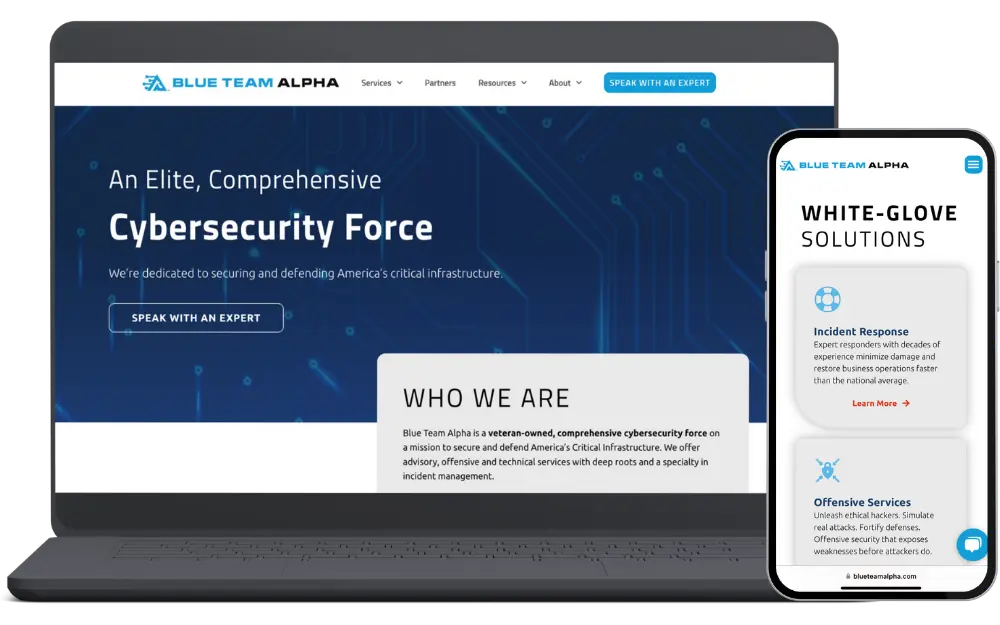 Laptop and mobile mockups of the new Blue Team Alpha website.
