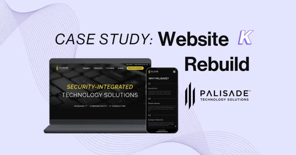 Photo of a Palisade website mockup with the text that says "Case study: Website rebuild" and the Palisade logo